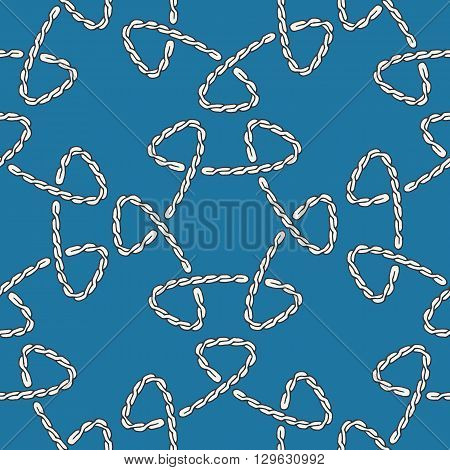 Abstract rope knot seamless pattern. Endless illustration with white rope ornament on blue background. Trendy rope knot texture. Endless stylish backdrop. For fabric, wallpaper, wrapping.
