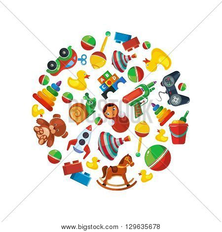 Toys icons for kids isolate on white background. Toys vector illustrations pack. Cartoon toys set in circle shape