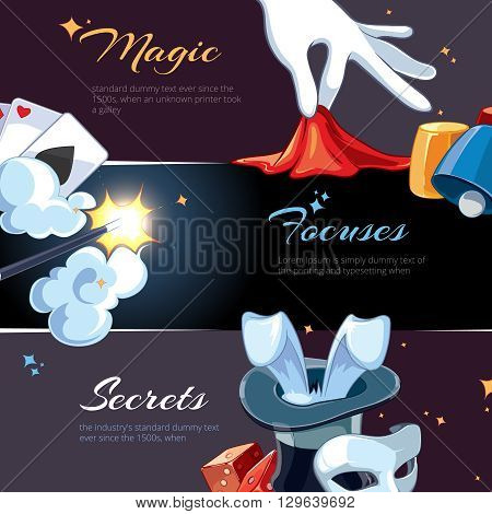 Magic illustrations for template of web banners. Cartoon vector pictures of magic ellements. Advertizing with place for your text is decorated with magic pictures