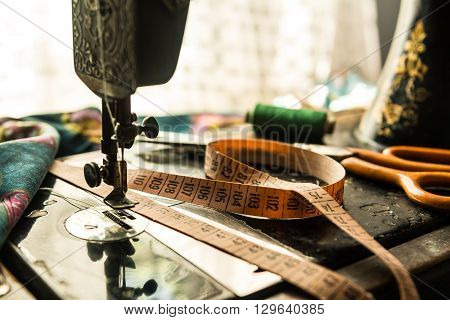 Old vintage hand sewing machine. Selective focus