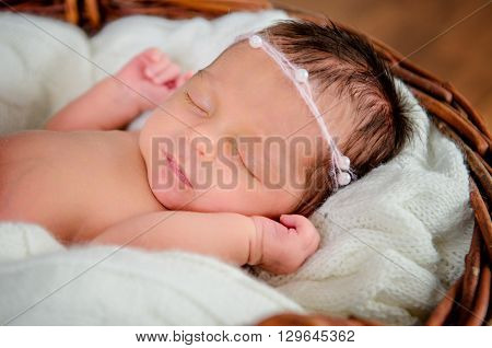 A baby girl is sleeping in a basket