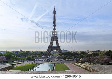 Paris, France - May 12: From the observation deck on Trocadero square offers an amazing view of the Eifel Tower May 12, 2015 in Paris, France.