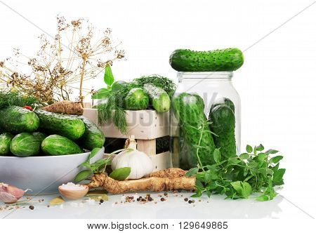 Cucumbers with spices prepared for preservation on a white background