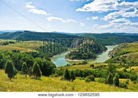 Meanders at river Uvac gorge on sunny morning, southwest Serbia
