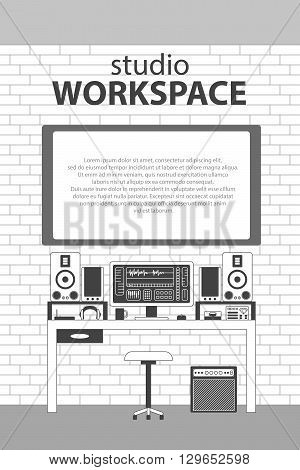 Musician studio workspace vector monochrome thin line illustration background. Musician working table with digital equipments. Computer, headphones, sequencer, loudspeakers and combo on brickwall.