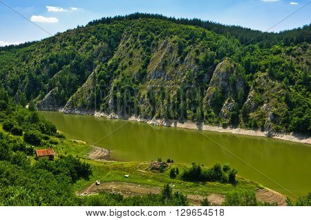 Camping area at river Uvac gorge at sunny summer morning, southwest Serbia