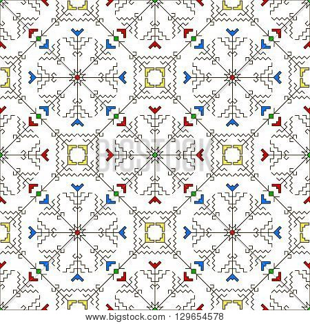 Geometric seamless pattern with traditional elements of the Chuvash culture. Ethnic pattern with black lines and colored fills. Vector illustration