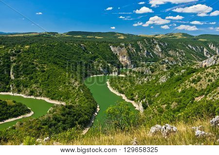 Meanders at rocky river Uvac gorge on sunny morning, southwest Serbia