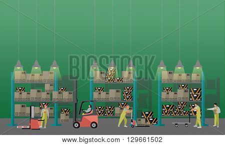 Logistic and delivery service concept banner. Warehouse interior. Vector illustration in flat style design.