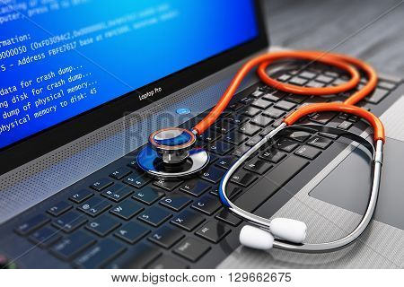 3D render illustration of modern black metal glossy business laptop or notebook PC with error message on blue screen BSOD and red medical stethoscope on keyboard on wooden office table with selective focus effect
