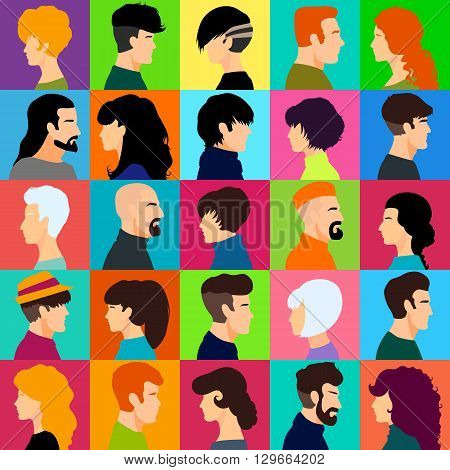 Set of female and male heads. Male and female profiles in a flat style. Female and male avatars with different hairstyles. Vector illustration.