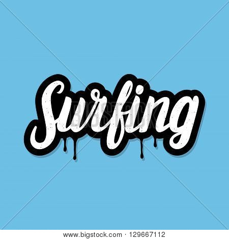 Surfing lettering for poster or tee print. White word with black shadow on blue background. Vector illustration.