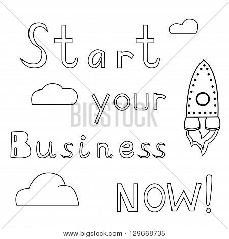 Rocket is flying in the clouds. Doodle image with lettering. Stock Vector illustration.