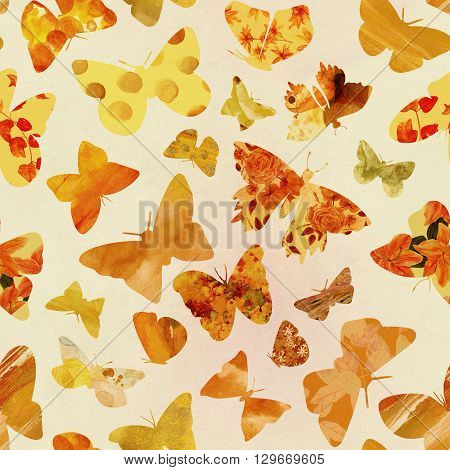 A seamless background with many different golden-toned watercolor butterflies with various patterns on old paper texture