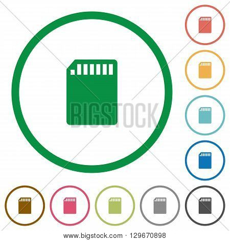 Set of SD memory card color round outlined flat icons on white background