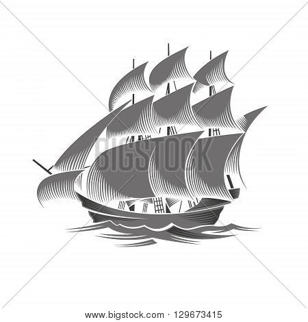 Sailing ship. Vintage vessel. White silhouette on black background. Vector