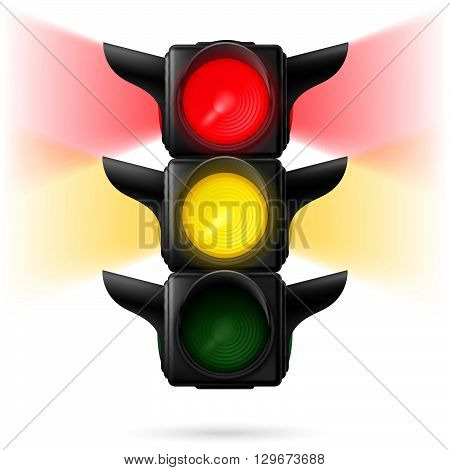 Realistic traffic lights with red and yellow colors on with sidelight. Illustration on white background