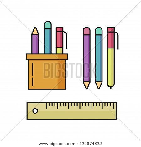 Pen and pencils, ruler vector illustration set isolated on white background, office stationary holder, education tools outline linear flat style, black thin line cartoon design