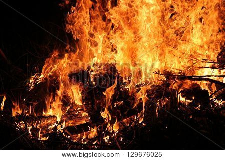 hot flame burning bonfire with firewood at night