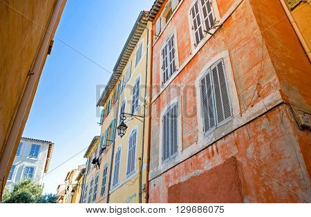 Marseille France - April 29 2006: Colored houses of a alley in the old district Le Panier