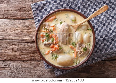 Creamy Soup With Chicken And Vegetables Close Up. Horizontal Top View