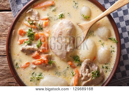Belgian Waterzooi Soup With Chicken Close Up In A Bowl. Horizontal Top View