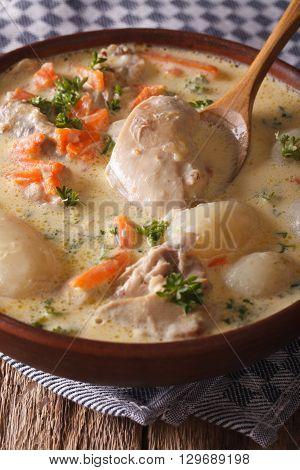 Belgian Cream Soup With Chicken Waterzooi Close Up. Vertical