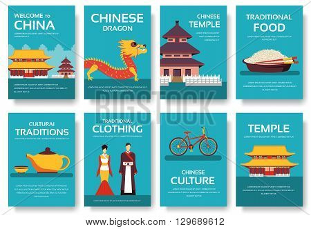 Country China travel vacation guide of goods, places and features. Set of architecture, fashion, people, items, nature background concept. Infographic template for web and mobile on flat style