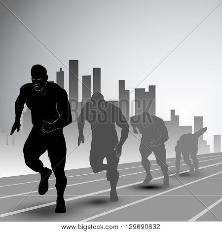 Runner on start black silhouette with city
