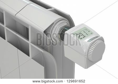 heating radiator with digital radiator thermostatic valve 3D rendering