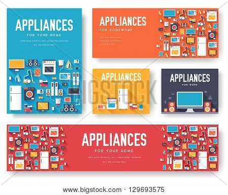 Home appliances cards set. Electronics template of flyear, magazines, posters, book cover, banners. Devices infographic concept background. Layout illustrations template pages with typography text