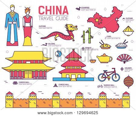 Country China travel vacation guide of goods, places in thin lines style design. Set of architecture, fashion, people, nature background concept. Infographic template for web and mobile on vector flat
