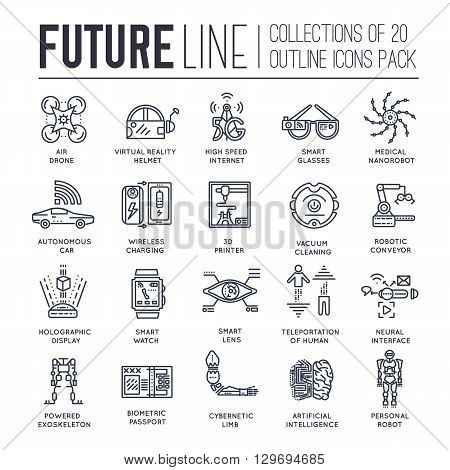 Premium quality future flat collection design set. Tomorrow minimalistic symbol pack. Modern technology template of icons, typography, logo, pictogram and illustrations concept background