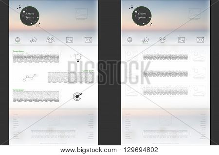 Website template with modern logo and replaceable gradient mesh in header and footer. One page website template with big footer and set of outline icons. Blog site template.