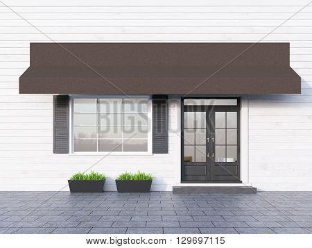 Front view of white plank cafe exterior with brown canopy. 3D Rendering