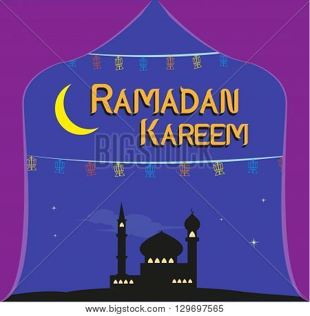 Ramadan Festival Sale concept with Fanoos Lanterns in a Mosque and a Large Crescent Moon. Editable Clip Art.