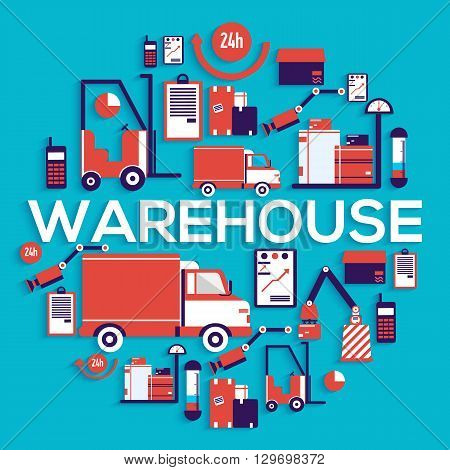 Warehouse staff puts cargoes, box, package and parcels circle concept. Business delivery service vector illustration design concept. Flat quality logistics icons background
