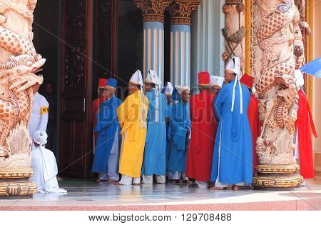 Tay Ninh Vietnam - March 8 2013 : Monks Cao Dai Temple