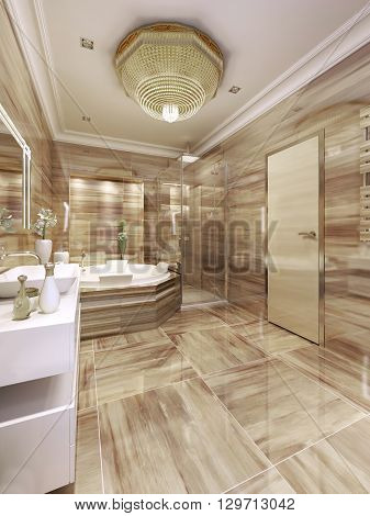Elegant bathroom interior with  and shower. 3d render