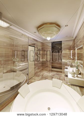 Classic bathroom with access to sauna. 3d render