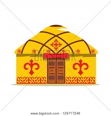 Gold yurt with traditional patterns on the walls and roof, with wooden double doors isolated on white background