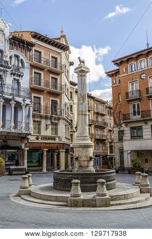 Teruel Spain - March 11 2016: Famous bull statue on the Plaza del Torico in Teruel Aragon Eastern Spain.