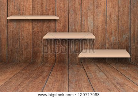 Three brown shelves on wooden interior texture background, stock photo