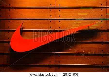 Bucharest, Romania, May 3, 2016: Nike logo. Nike, Inc. is an American corporation that is engaged in the design, development, manufacturing of footwear, apparel, equipment, accessories and services