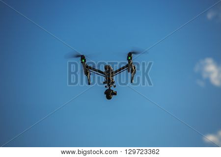 Varna Bulgaria - May 13 2016: Image of DJI Inspire 1 Pro drone UAV quadcopter which shoots 4k video and 16mp still images and is controlled by wireless remote with a range of 2km