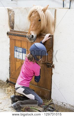 pretty young teenage girl preparing taking care horse poney