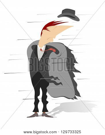 Windy day. Strong wind has opened coat and blown off hat of the man
