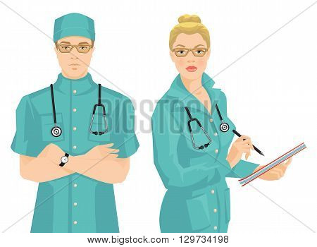 Vector illustration of young doctor in medical uniform and hat isolated on white background. Serious man in glasses. Medic woman in glasses wrote in document.