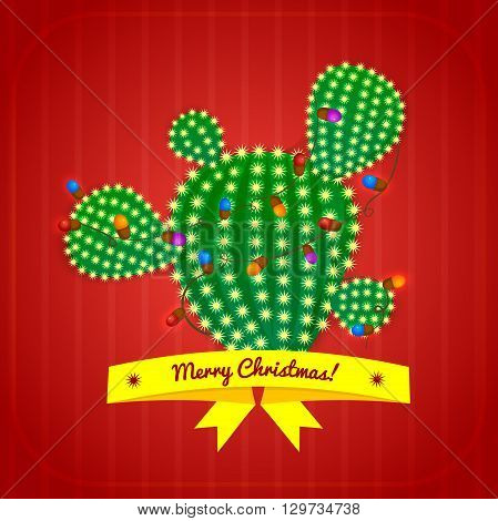 Christmas green prickly pear cactus tree with four spikes decorated with garland and yellow ribbon with congratulatory messages. bright juicy succulent, vector illustration in cartoon style
