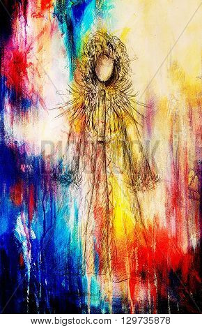 pencil drawing on paper, woman in fur coat and feathers. Color effect